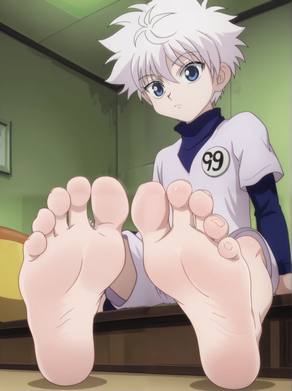 Score_9, score_8_up, source_anime, 1boy, Killua Zoldyck, big eyes, alone, looking at viewer, in his room, sitting on the ground, cowboy shot, ANIME SCREENCAP, anime coloring, barefoot, perfect feet, anatomically correct, soles, low angle, focal length 35mm, each foot has five toes, front, symmetrical soles, foot focus, spiky silver hair, very pale skin, blue eyes, long sleeved and dark colored shirt, baggy shorts