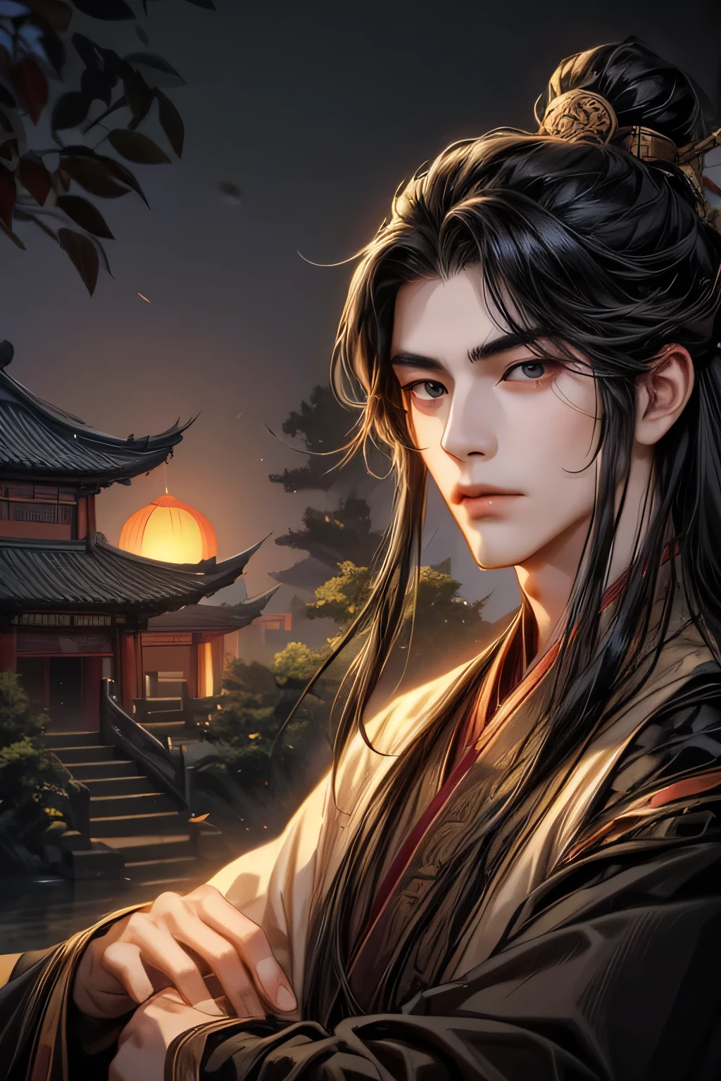  Ancient Chinese  ,  Adult Male, Age about 25 years old , Handsome ,  singular,Hanfu , Ancient Chinese  Hairstyles,long hair,black hair,Black eyes,Song Dynasty Costume,Complex Costumes , romantic,   Original Concept Illustration ,   Masterpiece Illustration  ,Dark background