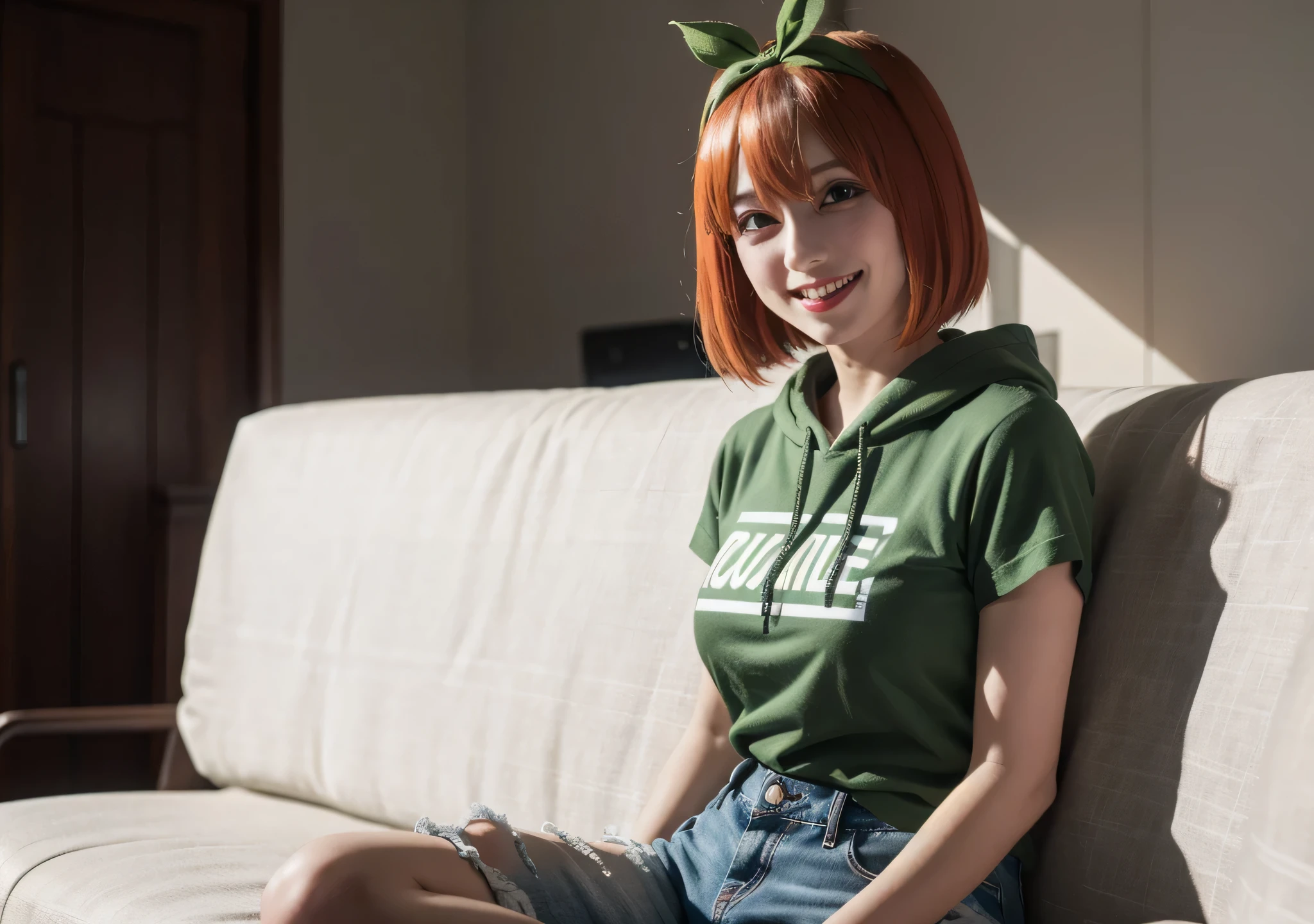 Create a realistic and natural-looking image of Yotsuba Nakano from The Quintessential Quintuplets inside a cozy home. Yotsuba is dressed in a casual, playful outfit, such as a brightly colored t-shirt or hoodie, paired with comfortable shorts or jeans. Her short, bright green hair is messy and tousled, with some strands sticking out playfully. She has a big, cheerful smile, radiating energy and enthusiasm, capturing her fun-loving and carefree personality.