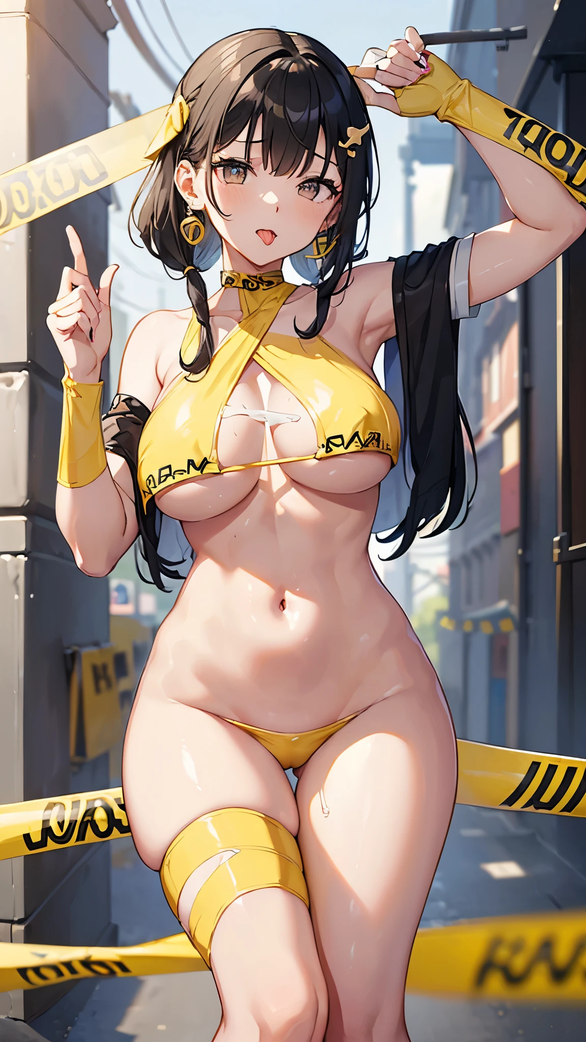 (masterpiece、   best quality、   Very detailed))、    one relieved girl  、   black hair、  short hair 、   twin tails、 wavy hair、   gray eyes、(( open your mouth and stick out your tongue))、((Cum on tongue))、((   lots of earrings))、((   with very big breasts  ))、((ctf2024、 thin yellow tape  、   ( tape conceals women's breasts and groin) 、Tape comes off 、big boobs that stick out  ))、((Thick waist))、Thighs、Last minute exposure、 sexy