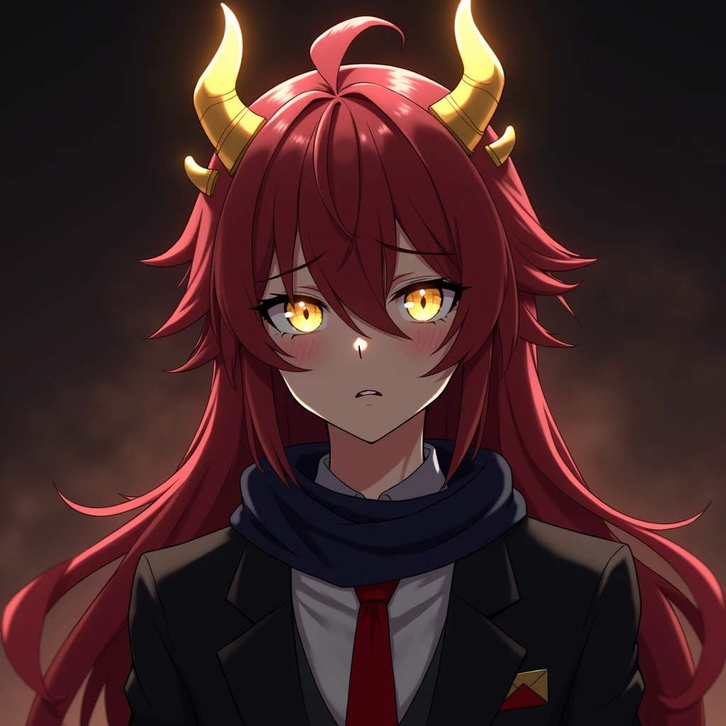 chico,anime,young,man,long deep red hair,yellow eyes and golden horns , dressed in a black suit, wearing a red tie ,dark blue scarf,Face of Guilt,