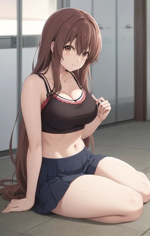 score_9, score_8_up, score_7_up, source_anime,
shoukonishimiya, shouko nishimiya, long hair, brown hair, brown eyes, solo,large breasts, cleavage, navel, t-shirt, ((bra)),clothes lift, skirt, lying, full Body,sexy body,sitting