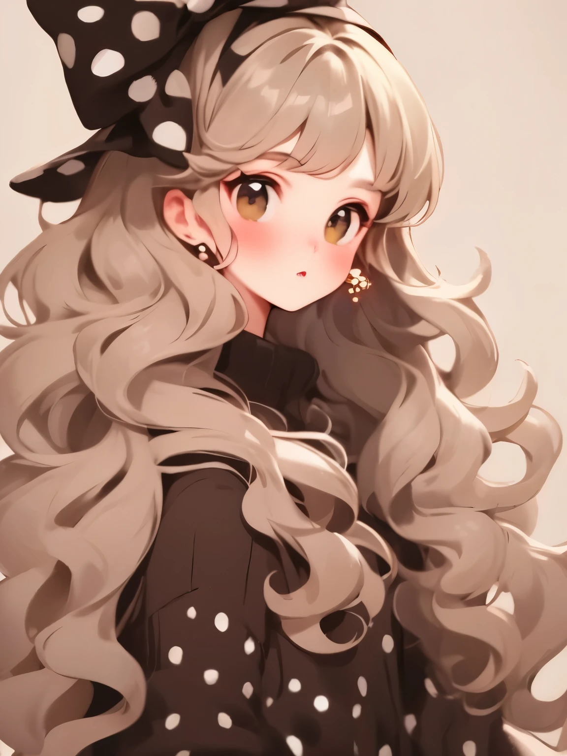 (masterpiece,  best quality:1.2),Beautiful girl，Wavy long hair，Long light hair， with a large ribbon on the head ， Black Sweater ，White dot，Clean Background