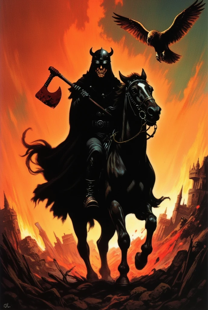 dark fantasy oil painting by Frank Frazetta. Merchant of Death. The dark figure of a horseman in a horned helmet with a face hidden in shadow, with burning eyes and a bloody ax in his hands, frozen on a black horse against the backdrop of raging flames on a blood-stained field, over which vultures soar, an inexorable spirit of destruction. Mysterious and frightening. Creepy.
