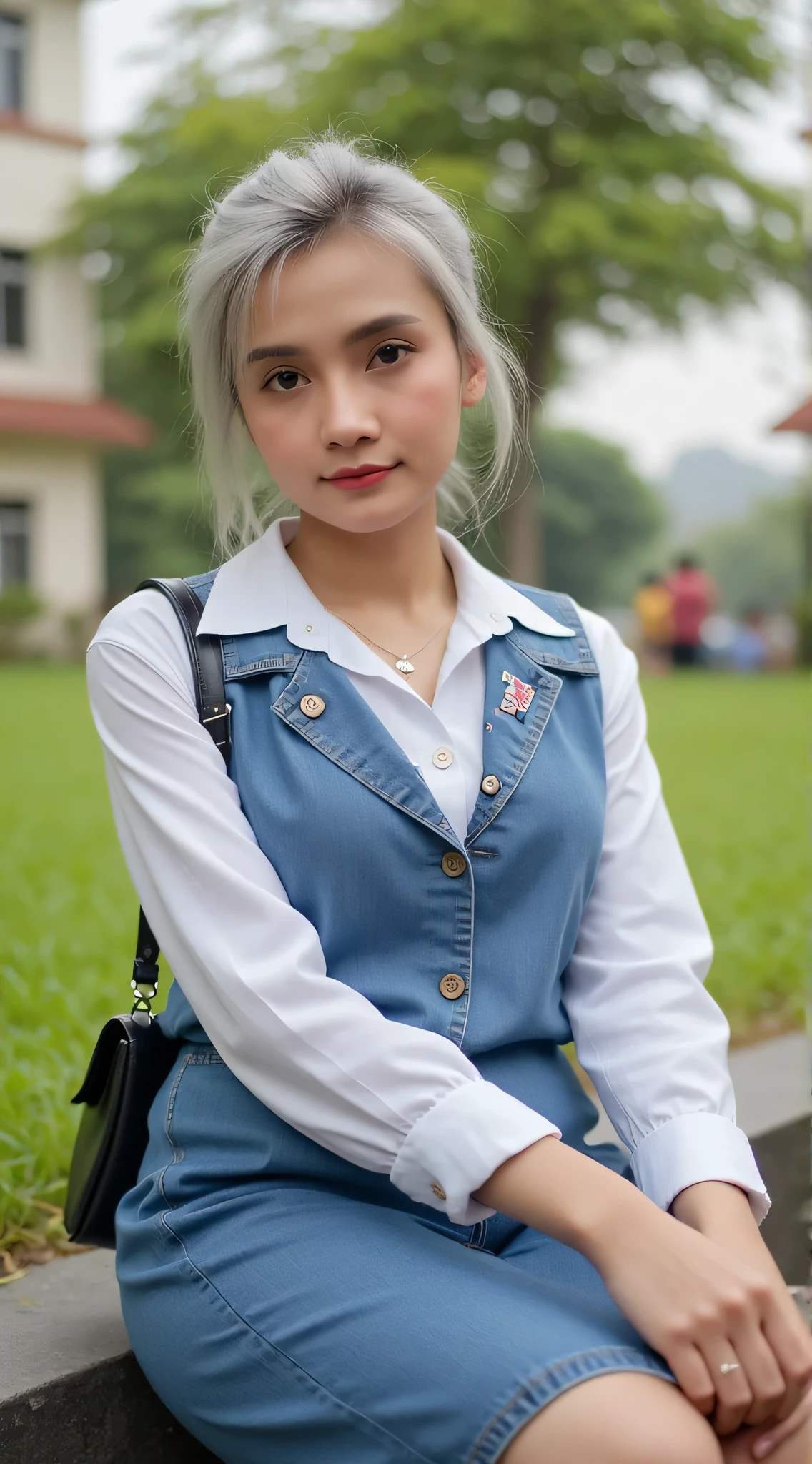 4k, masterpiece, best high quality, ultra-detailed, (ultra realistic:1.3), (clean photo:1.2), (ultra high resuliton:1.3), (soft lighting:1.2), (perfect image coloring), (bright lighting:1.2), indonesian face, beautiful face, perfect indonesian girl, student, aged 24, body plump, chest forward, smooth skin, thin smile, background park university campus, lots of people, (A girl wearing university uniform cleavage), full body view photos, high nose, thick lips, (F-Cup huge breasts), randomly sitting pose, ((wavy hair with side bangs, ash grey hair color)), eyeballs wearing eye lenses, bulging eyes, ((stockings)), wears a silver necklace in the shape of the letter I, small bag