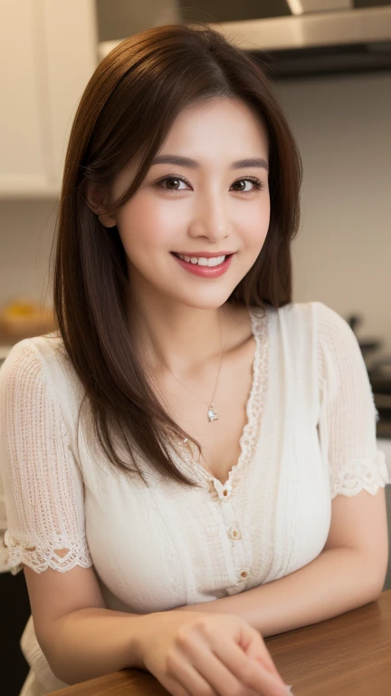 White ruffled dress、A beautiful woman with a clear complexion、cute、Landmine makeup、smile、Upper body close-up、It&#39;s night outside、Luxury hotel room on background