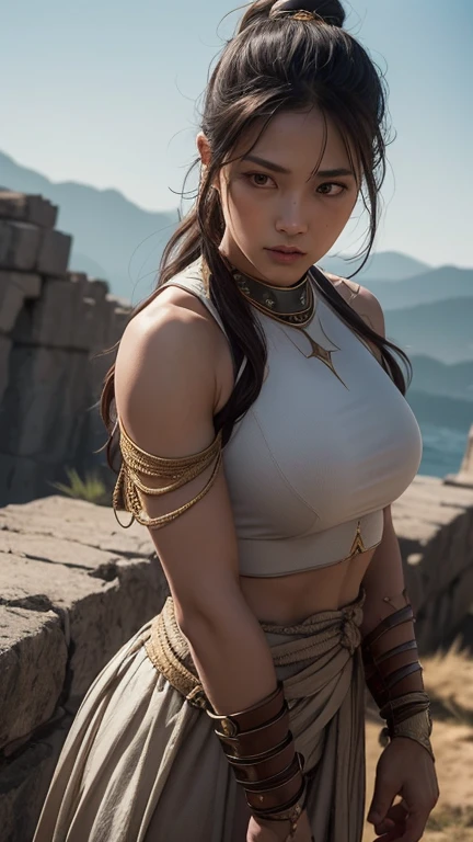 Female guan yu, fantasy theme, beautiful, huge eyes, cute, skinny, small waist, small hip, gigantic droopy breasts, realistic breasts, nipples slipped:1.7, ancient green and gold armor torn broken, intricate torn shirt, extremely detailed torn clothes:1.7, burnt clothes, after battle, lost a battle, fire burning ancient China city, soft lighting, ultra details, realistic skin, masterpiece, 4k