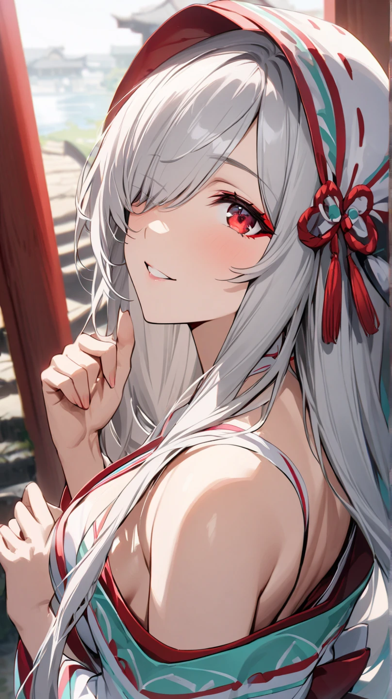 A beautiful girl、small breasts、white hair、red eyes、slanted eyes、cold