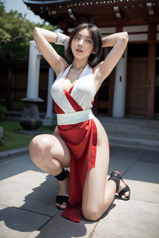 (mai shiranui:1.5), (tabi:2.0), (toe:1.2), (Full body portrait:2.0), Full body, (Realism), (masutepiece:2.0), (Best Quality), (ultra-detailliert), (8K, 4K, Convoluted), (Flat Lighting:1.2), (skinny), ????????, Brown eyes, Long hair, brown eyes, long hair, brown hair, white ribbon, sleeveless, ponytail, sash, pelvic curtain, arm guards, gloves, tabi, fascinated expression, Sexy eyes, slim, medium breasts, Smile, Cute, view the viewer, Long hair, Close to Japan temple, (breasts focus:1.2), (Realistic:1.2), (Full Shot: 1.2), (85 mm), light Particle, Lighting, (Highly detailed:1.2), (Detailed face:1.2), (gradients), SFV, Colorful, (Detailed eyes:1.2), (Detailed temples of Japan: 1.2),(Detailed background), (Dynamic Angle:1.2), (Dynamic Pose:1.2), (Line of action:1.2), Wide Shot, Daylight, Solo.