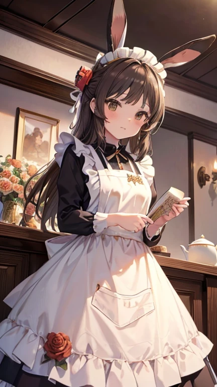 ( brown hair), 片方の髪を上げた,  from below, (( rabbit ears)), Maid headdress, (((masterpiece))), ((textured skin)), (((  High Details  ))),  high definition , cute,  nice, Maid,  apron dress with one hair raised, (( Rose Garden )), sunlight