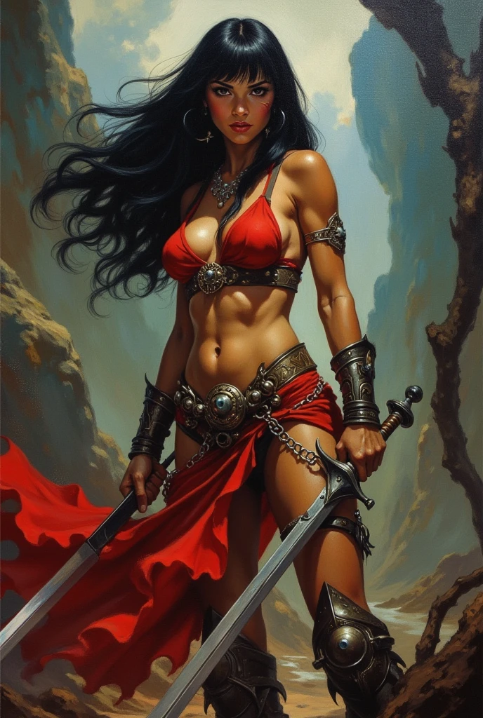 A dark fantasy oil painting by Frank Frazetta, Red Sonja depicts a beautiful female warrior, she has light brown skin and flowing straight black hair.