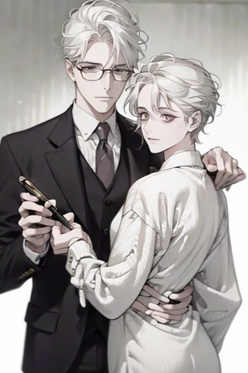 Short_silver_hair, hair_back_side, small_bangs_on the sides, 1adult_man, really_purple_eyes, beautiful_and_detailed_eyes, nice_smile, dress, white_business_suit, holding_a_silver_cane_with_gold_handle, detailed_hands, wearing_white_glasses, better_quality, HD_quality