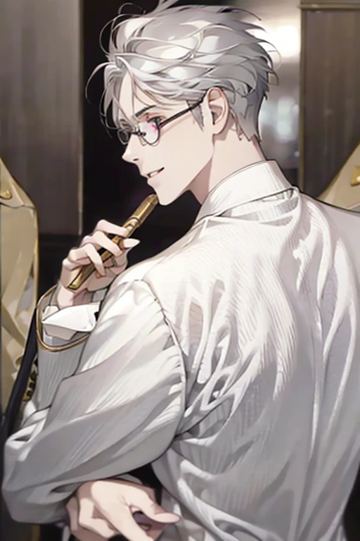 Short_silver_hair, hair_back_side, small_bangs_on the sides, 1adult_man, really_purple_eyes, beautiful_and_detailed_eyes, nice_smile, dress, white_business_suit, holding_a_silver_cane_with_gold_handle, detailed_hands, wearing_white_glasses, better_quality, HD_quality