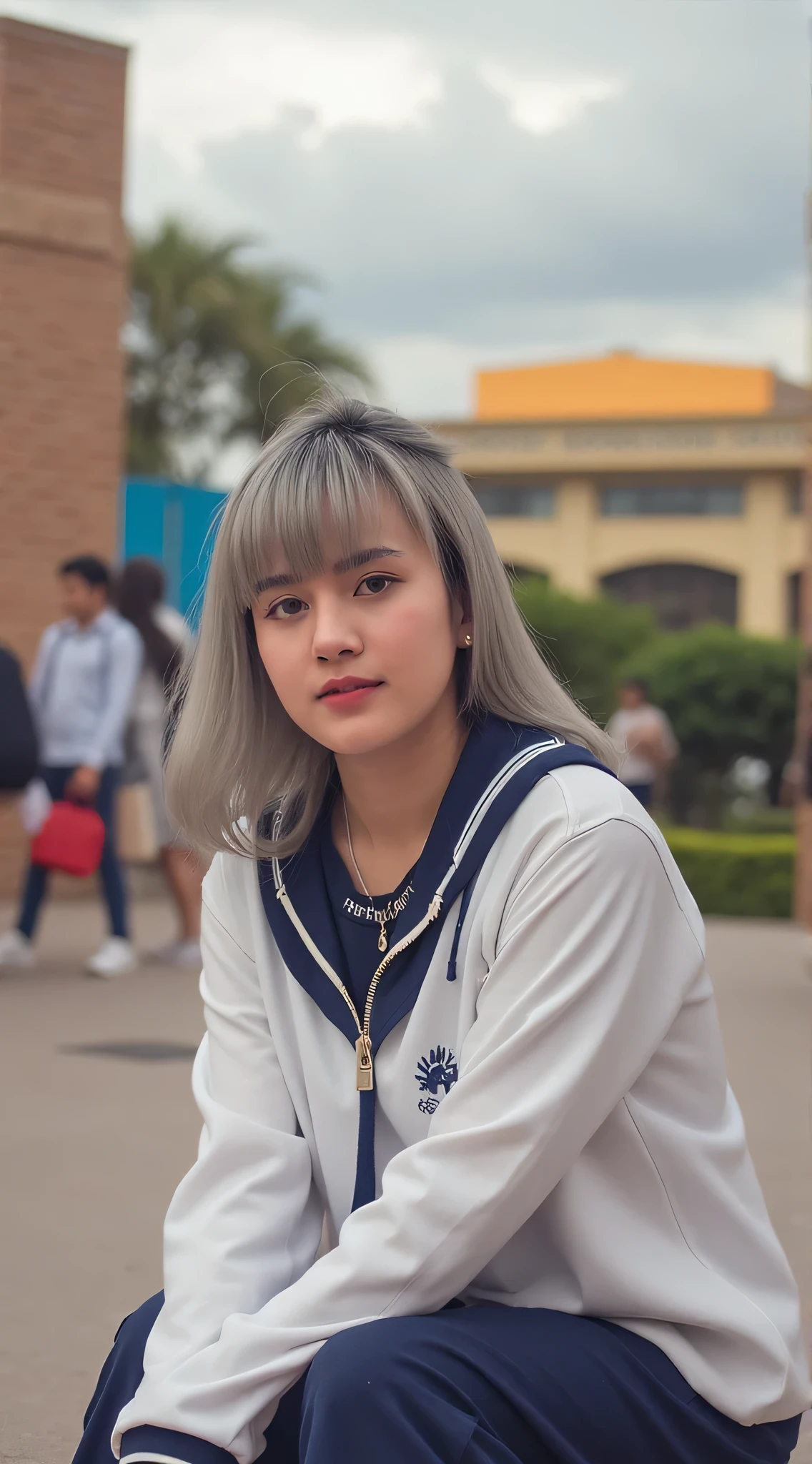 4k, masterpiece, best high quality, ultra-detailed, (ultra realistic:1.3), (clean photo:1.2), (ultra high resuliton:1.3), (soft lighting:1.2), (perfect image coloring), (bright lighting:1.2), indonesian face, beautiful face, perfect indonesian girl, student, aged 24, body plump, chest forward, smooth skin, thin smile, background park university campus, lots of people, (A girl wearing university uniform cleavage), full body view photos, high nose, thick lips, (F-Cup huge breasts), randomly sitting pose, ((wavy hair with side bangs, ash grey hair color)), eyeballs wearing eye lenses, bulging eyes, wearing a silver necklace in the shape of the letter I, carry a tote bag