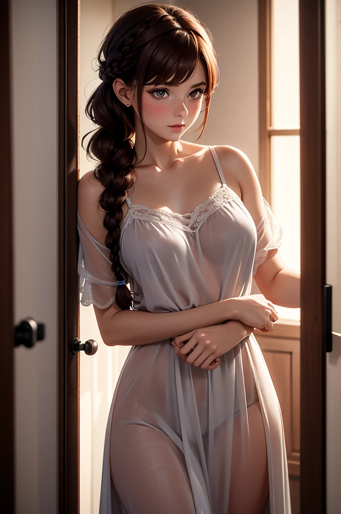 bedroom, 20 year old woman, european, dark auburn hair, braided updo, thin waist, wide hips, midnight, dark room, dim lighting, sheer nightgown, side bangs, nose blush