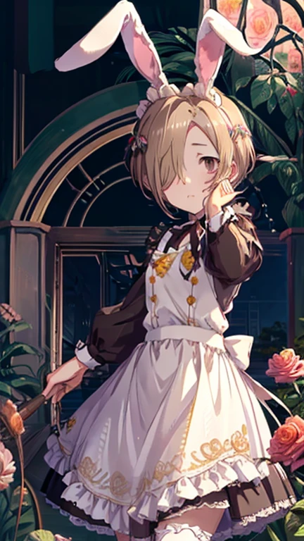 ( brown hair), I raised one side of my hair,  from below, (( rabbit ears)), Maid headdress, (((masterpiece))), ((textured skin)), (((  High Details  ))),  high definition , cute,  nice, Maid,  apron dress with one hair raised, (( Rose Garden )), sunlight,Shirasaka Koume,  blonde hair ,  hair covering one eye,  short hair,  Brown Eyes ,  flat chested,