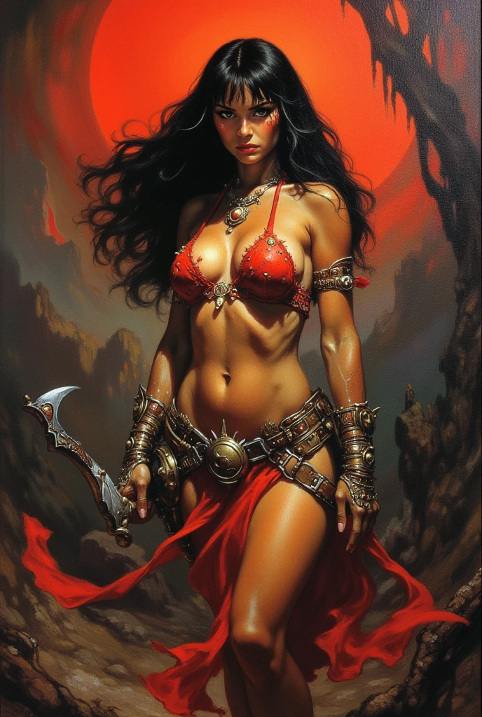 A dark fantasy oil painting by Frank Frazetta, Red Sonja depicts a beautiful female warrior, she has light brown skin and flowing straight black hair.