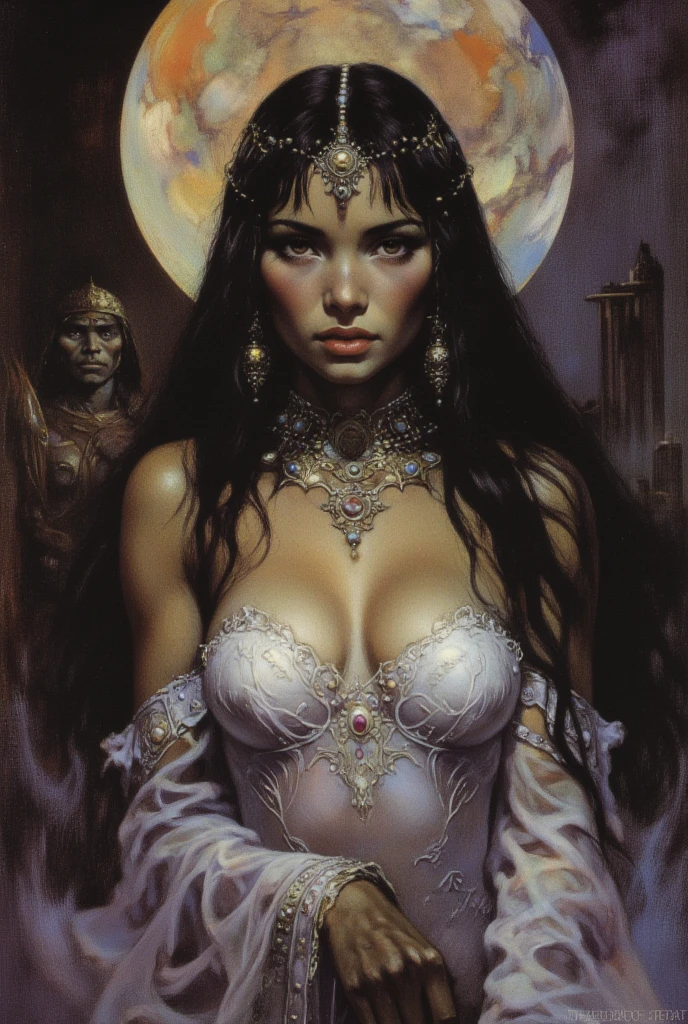 Frank Frazetta fantasy dark fantasy oil painting of a beautiful Middle Eastern Iranian woman, she has light brown skin and flowing straight black hair.