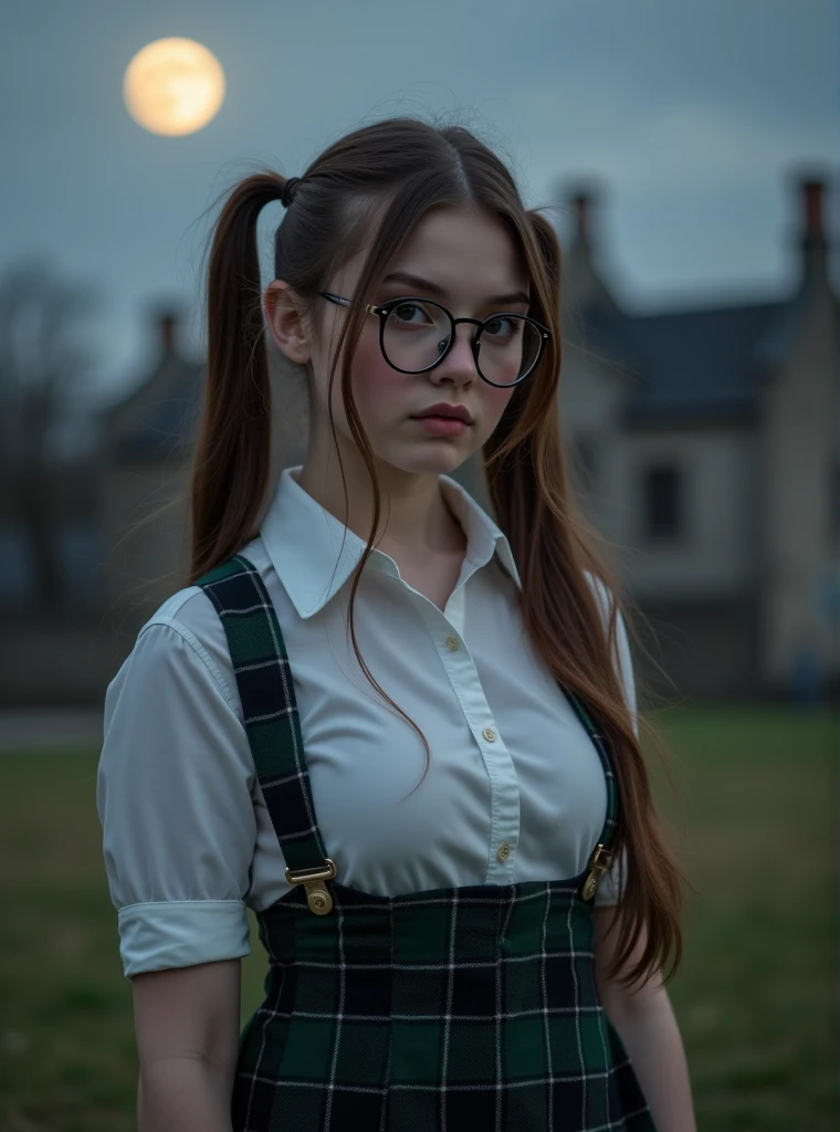 realistic photo of a  girl, european,  thin metallic glasses graduated ,  brown eyes ,  intelligent look ,   brown hair with two ponytails on both sides,  slim body,  school uniform,  white shirt , black and green checkered skirt ,  in the background a school made of gray Scottish stone , Closed night with full moon .  Photorealistic,  masterpiece .