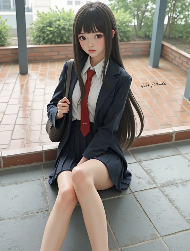 a woman in a white shirt with a red and yellow striped tie, grey knee length skirt, long grey socks, black cardigan, black flats shoes, 17 years old, adult face, long slightly wavy hair, ((honey coloured hair)) and gleaming detailed vibrant violet eyes, slim frame, medium breasts, long legs, beautiful face,โชว์ กางเกงใน, camel toe, ดึงกระโปรงขึ้น, เห็นกางเกงใน, เปิดกระโปรง,