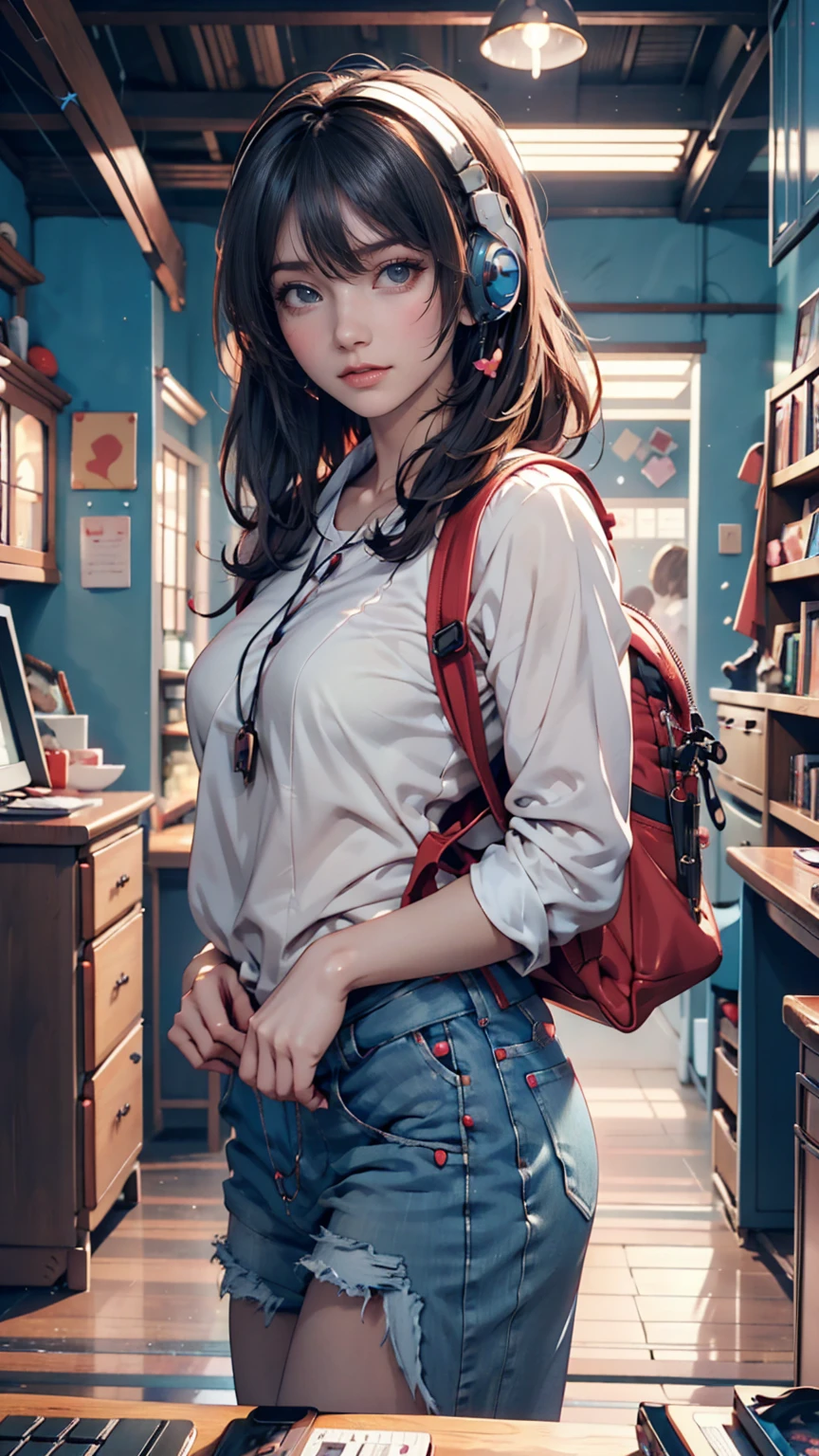 Anime girl with headphones and backpack looking at mobile phone,  anime style 4 k, Alice x. open,   digital animation art , Nightcore,  digital anime illustration ,  anime styled digital art, Anime Art Wallpaper 4K,  anime art wallpaper 4k ,  Anime Art Style, Anime style digital art,  anime style artwork,  anime style. 8k, detailed   digital animation art