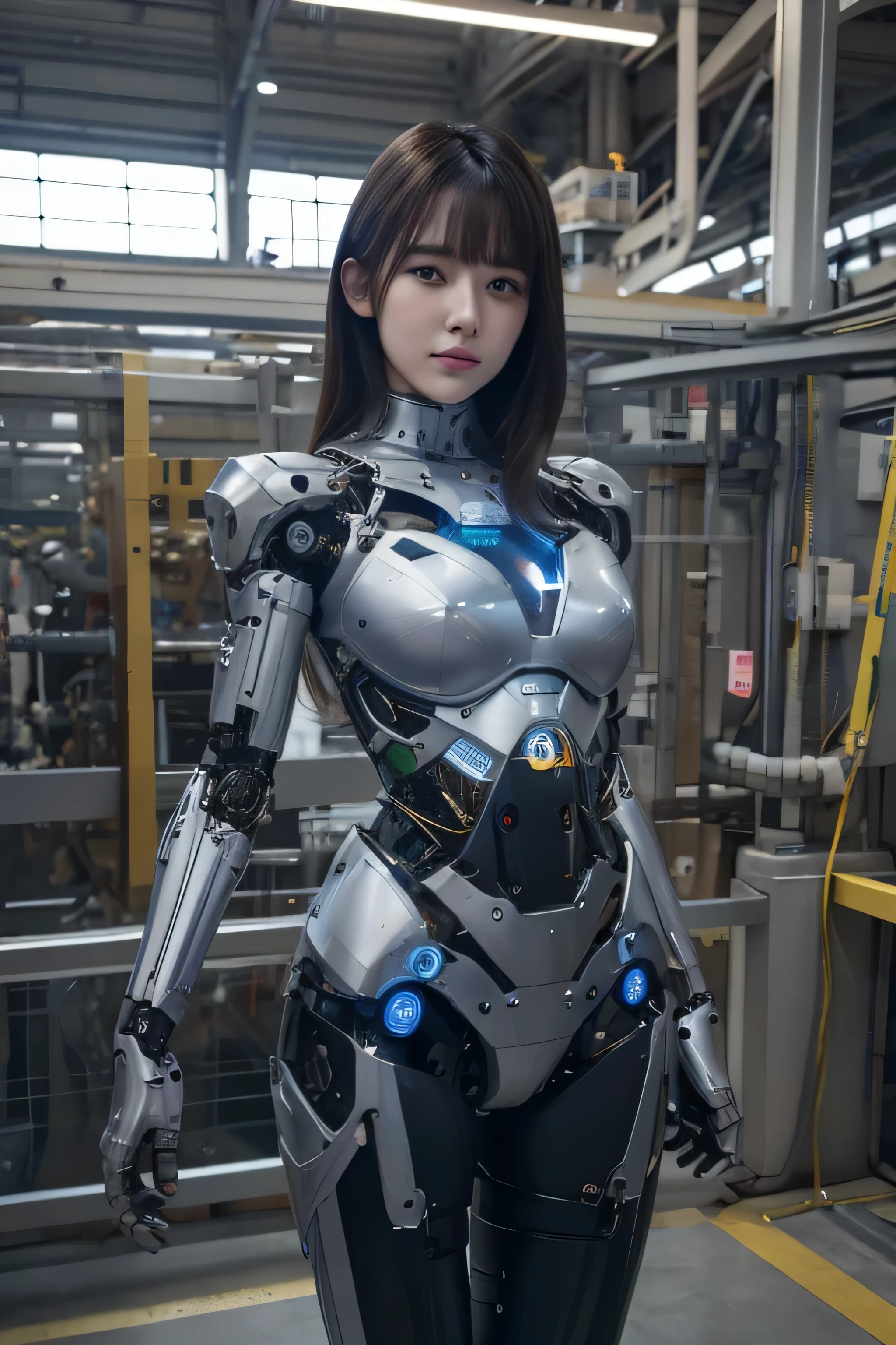 masterpiece, best quality, extremely detailed, Japaese android girl,Plump ,control panels,android,Droid,Mechanical Hand, Robot arms and legs,Blunt bangs,perfect robot girl,long tube,thick cable connected her neck,android,robot,humanoid,cyborg,japanese cyborg girl ,robot-assembly plant,She has assembled now,assembly scene,chest monitor,blue eyes, 20 years old