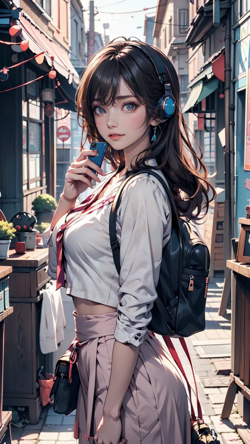 Anime girl with headphones and backpack looking at mobile phone,  anime style 4 k, Alice x. open,   digital animation art , Nightcore,  digital anime illustration ,  anime styled digital art, Anime Art Wallpaper 4K,  anime art wallpaper 4k ,  Anime Art Style, Anime style digital art,  anime style artwork,  anime style. 8k, detailed   digital animation art