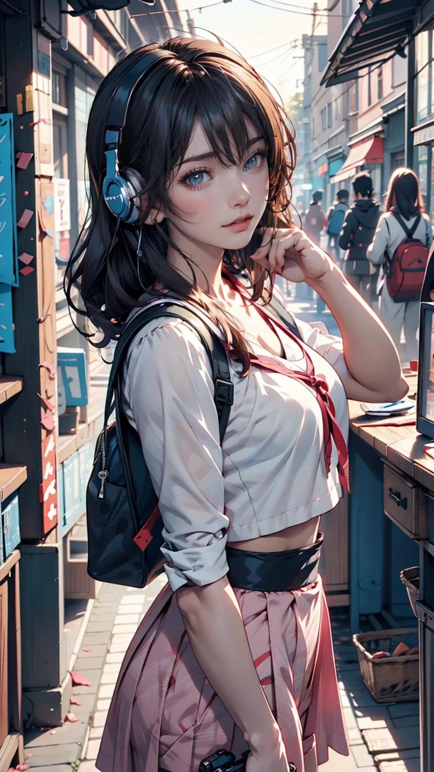 Anime girl with headphones and backpack looking at mobile phone,  anime style 4 k, Alice x. open,   digital animation art , Nightcore,  digital anime illustration ,  anime styled digital art, Anime Art Wallpaper 4K,  anime art wallpaper 4k ,  Anime Art Style, Anime style digital art,  anime style artwork,  anime style. 8k, detailed   digital animation art