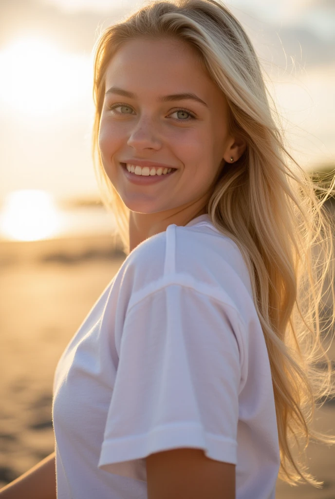 Photographie d'une jeune fille blonde, magnificent, photo realistic, professionnel, instagramart, summer, 18 ans, dressed, T-shirt, Short,  smiling, loin, photos de profil instagramart 