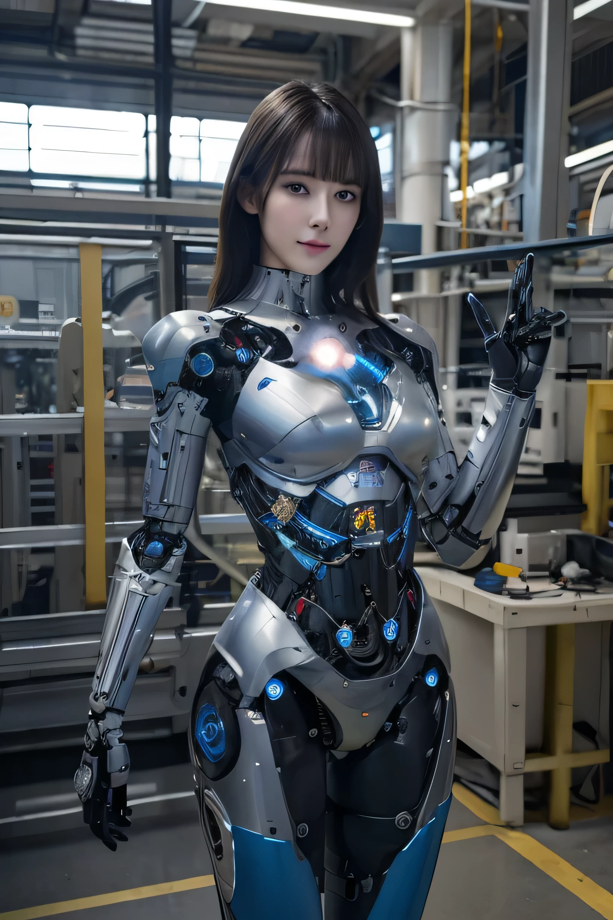 masterpiece, best quality, extremely detailed, Japaese android girl,Plump ,control panels,android,Droid,Mechanical Hand, Robot arms and legs,Blunt bangs,perfect robot girl,long tube,thick cable connected her neck,android,robot,humanoid,cyborg,japanese cyborg girl ,robot-assembly plant,She has assembled now,assembly scene,chest monitor,blue eyes, masterpiece, Best Quality, Illustration, Ultra-detailed, finely detail, hight resolution, 8K Wallpaper, Perfect dynamic composition, Beautiful detailed blue colored eyes, suits,Medium Hair, Natural Color Lip, Random and sexy poses,Smile,‎Classroom、20 years girl、20 years old, lifelike face、real looking skin、Realistic blue eyes、cute little, robotic neck, robotic arms and legs, deep blue eyes, career woman robot, robot girl, cyborg, control panels, control monitor in chest, 8K, RAW photos, Best quality, Masterpiece: 1.2),(best qualtiy，8K, Yes，32K，masterpiece，hyper HD：1.2) , Generate a highly detailed and realistic 4K description of a robot woman in a career suit, emphasizing every detail, from her attire to the surrounding environment, skinny body, perfect body, beautifull face, asian face, glowing skin, cyborg girl, deep blue eyes, android robot, mechanical details, japanese robot girl, robotic chest, add chest monitor, perfect blue eyes, control panels, japanese android woman,perfect robot girl,long tube,thick cable connected her neck,android,robot,humanoid,cyborg, japanese cyborg girl , She is reprogramming now,chest monitor