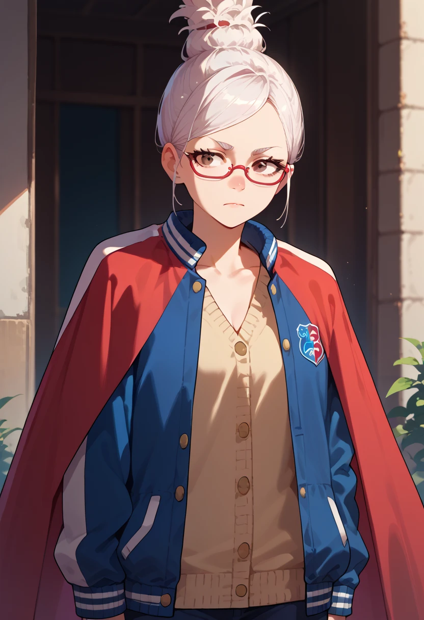 ayaseseikoMArlo,brown eyes,1 girl,solo,neckline,jacket,white hair,open clothes,glasses,cape,sweater,letterman jacket