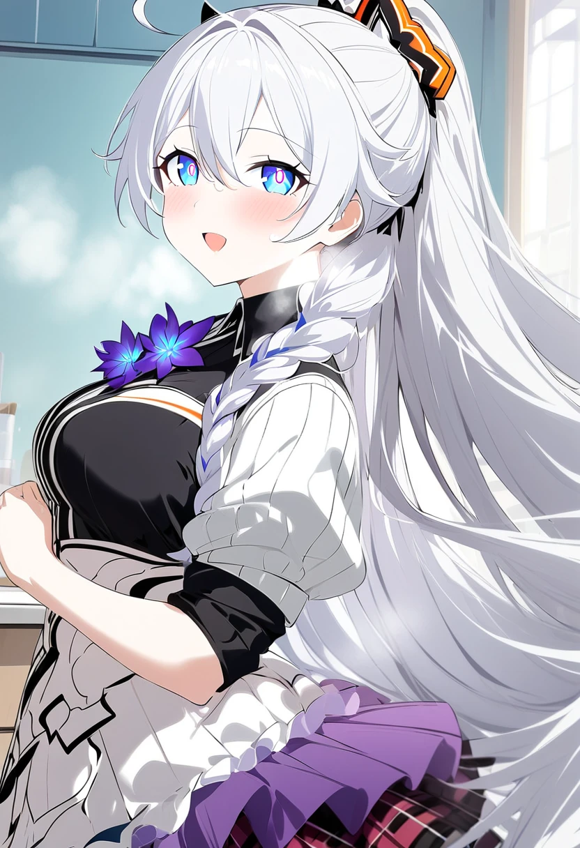 score_9, score_8_up, score_7_up, masterpiece, best quality, absurdres, vibrant, highly detailed, 1girl, adult grown woman, kiana kaslana \(honkai impact 3rd\), herrscher of finality, white hair, ahoge, ponytail, very long hair, blue eyes, symbol-shaped pupils, blush, heavy breathing, black shirt, apron, skirt, pantyhose, kitchen background, kitchen