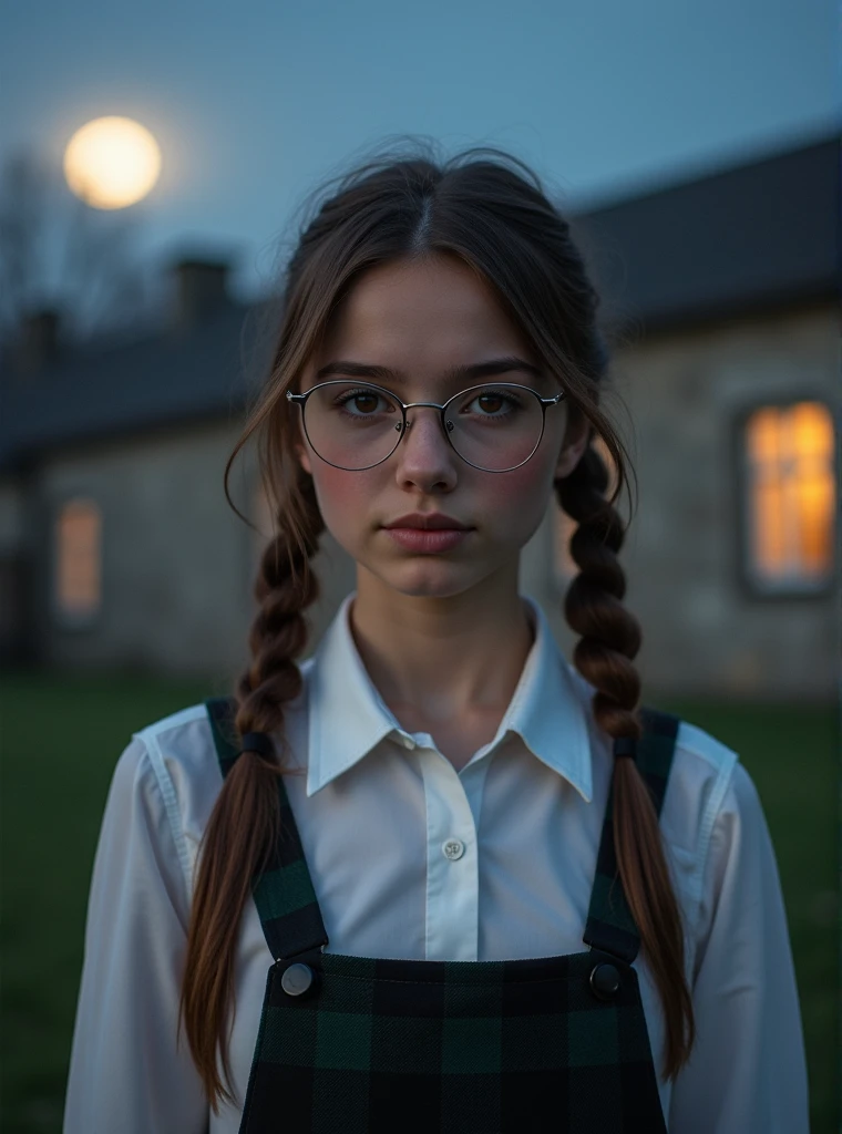  realistic photo of a 17-year-old girl, european,  thin metallic glasses graduated ,  brown eyes ,  intelligent look ,   brown hair with two ponytails on both sides,  slim body, incipient breast ,  school uniform,  white shirt , black and green checkered skirt ,  in the background a school made of gray Scottish stone , Closed night with full moon .  Photorealistic,  masterpiece .