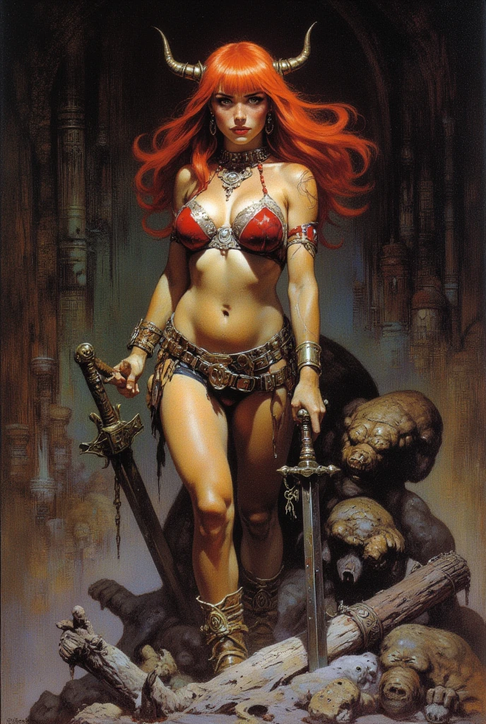 A dark fantasy oil painting by Frank Frazetta, Red Sonja depicts a beautiful barbarian woman, she has light brown skin and flowing straight red hair.
