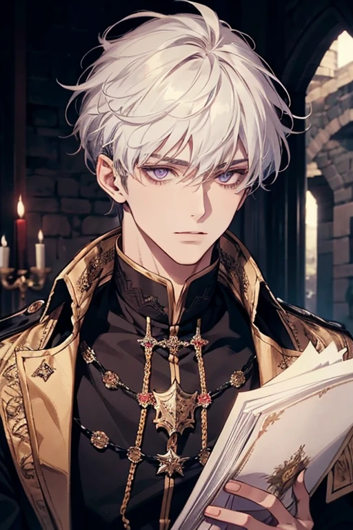 1male, calm, adult, handsome, short messy with bangs, white hair, amethyst colored eyes, royalty, prince, wears black clothing, in a castle, adult face, medieval times, close up, calm, mature face, adult face