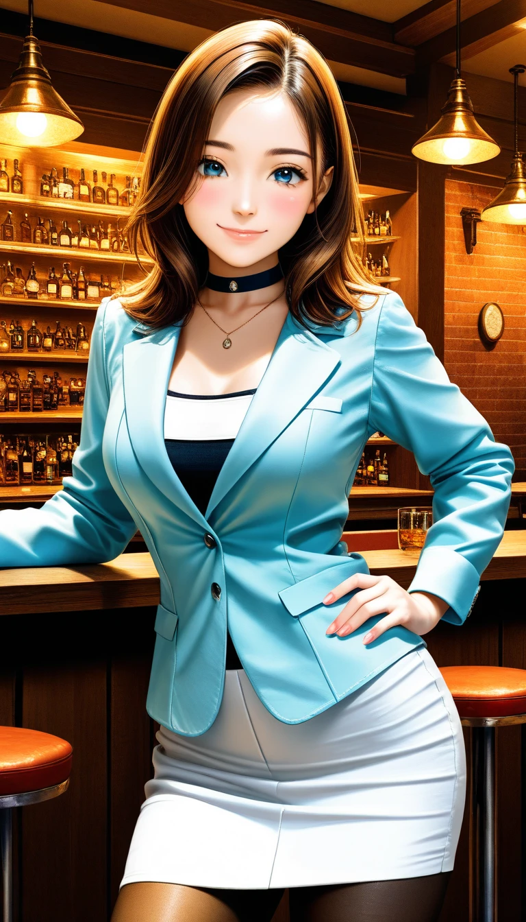 masterpiece, Best Quality, medium breasts,  Beautiful Details, Fine texture, Fine skin, Very cute girl, Alone, Happy smile, closed mouth ,rouge lips, blush, Deep Blue Eyes , Brown Hair,  shortcuts, Right-parted bangs, companion suit,buttoned jacket,closed jacket, pencil skirt, pantyhose,shirt , choker, necklace,  indoor, pub club background, hand on hip, cowboy shot