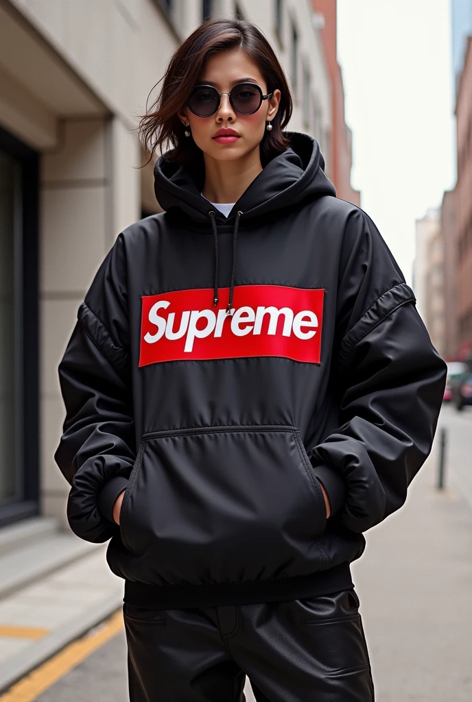 1 girl,cut_clothes,1998 European Blonde Hip-Hop Girl by Sachin Teng x Supreme, Abs,Off-the-shoulder long-sleeved shirt,Attractive, Stylish, designer, Red, geometric shapes, scribbles, streetart, full bodyesbian, Cowboy shot,