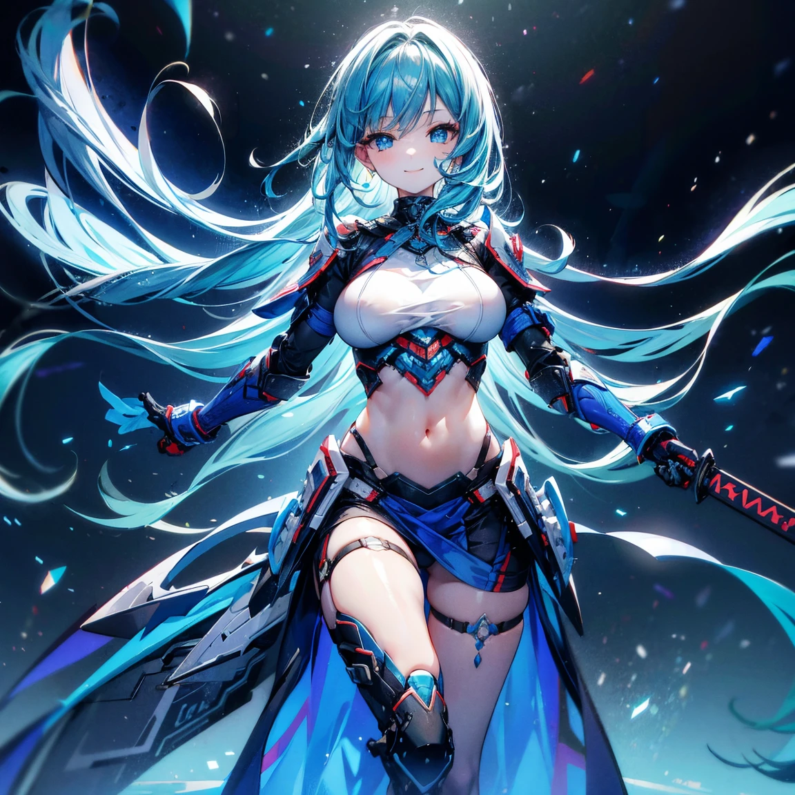 Hot woman, blue hair, orange eyes, fighthing, magic