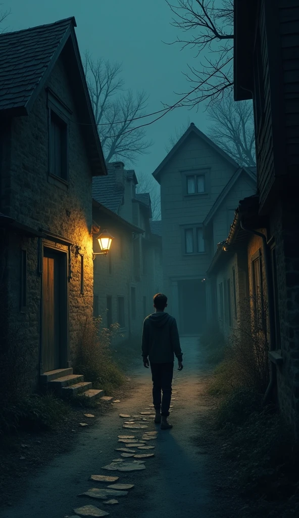 A young man, walking at night through the streets of a desolate village ...