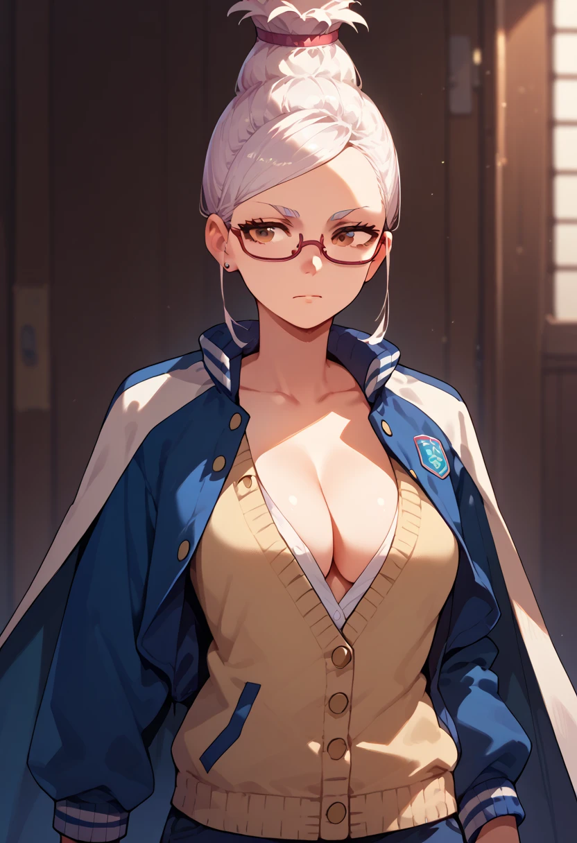 ayaseseikoMArlo,brown eyes,1 girl,solo,cleavage,jacket,white hair,open clothes,glasses,cape,sweater,letterman jacket, breasts