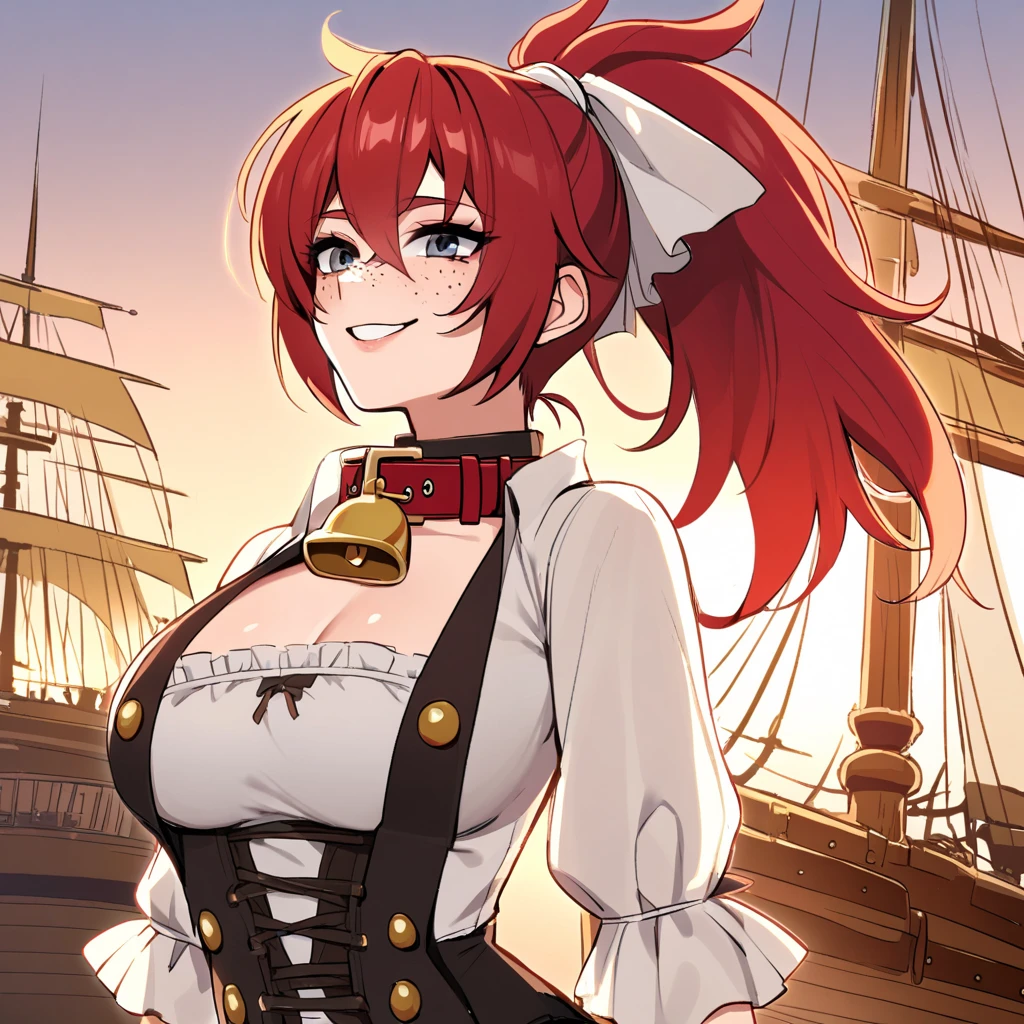 (beautiful femboy), femboy, feminine boy, feminine male, small bulge, fake chest, large chest, pirate, red hair, freckles, ponytail, collar with bell, ship background, smiling,