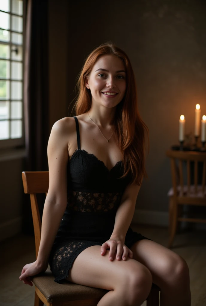 photography of Madelaine Petsch, long ginger hair, posing in living room, spring but still cold, wearing lingerie, with the accent color being a deep brown, there is a bottle of red wine on the table with a glass, very sexy, her pose exudes sensuality and relaxation, fit legs, beautiful ass, enjoying, girls, summer, hot girls, (((very heavy bust))), brunette hair, long_hair, symmetrical face, photorealistic, photography, gorgeous, western, (masterpice), best quality, high resolution, spectacular lighting, extremely detailed, skin with pores, detailed background, depth of field, C-cup breats, model body, evening lighting, smiling, chill weather