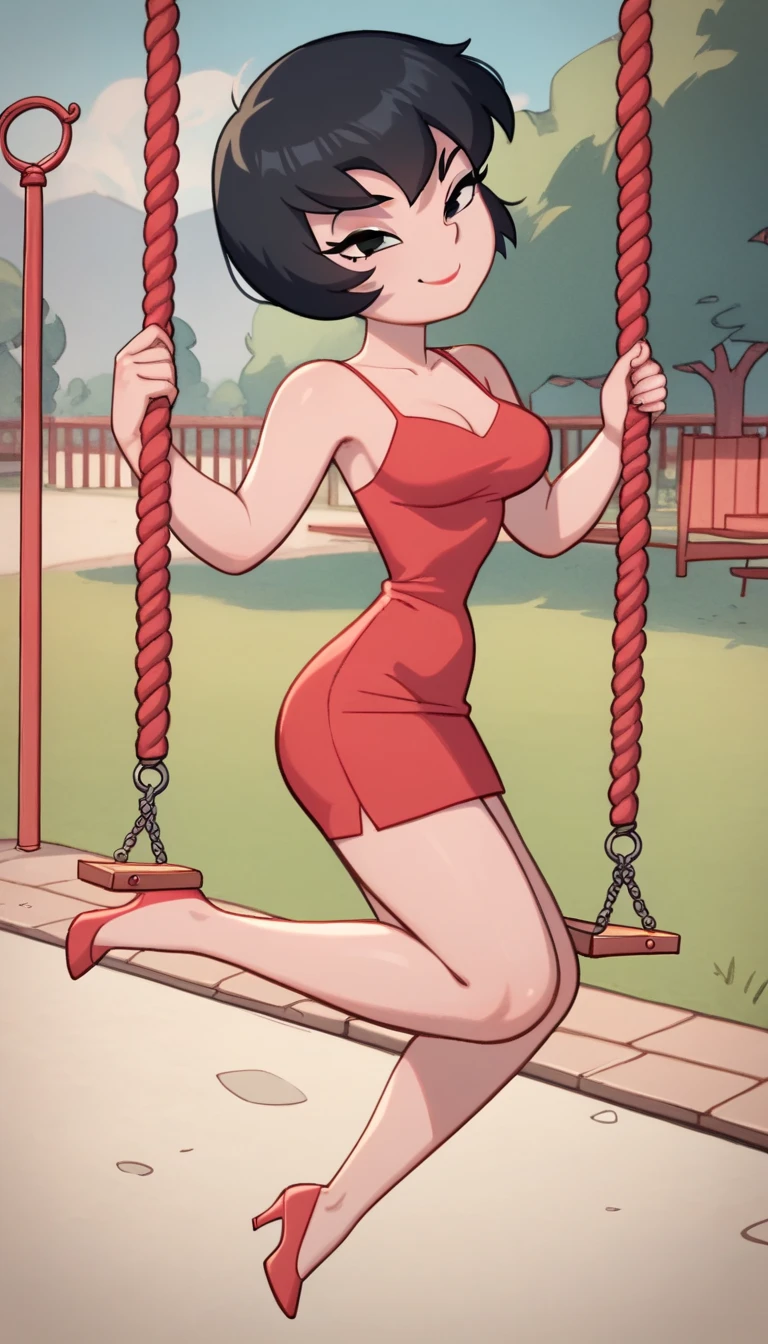 Jucika, digital media, black eyes, black hair, short hair, flat color, flat graphic style, white skin, zPDXL, best quality, amazing quality, score 9, 1girl, looking at viewers, bare shoulders, red dress, taut dress, spaghetti strap red dress, sleeveless, medium breast, being outside and holding on a rope line swing, outside, backyard background ,seductive smile, red high heels, full body,