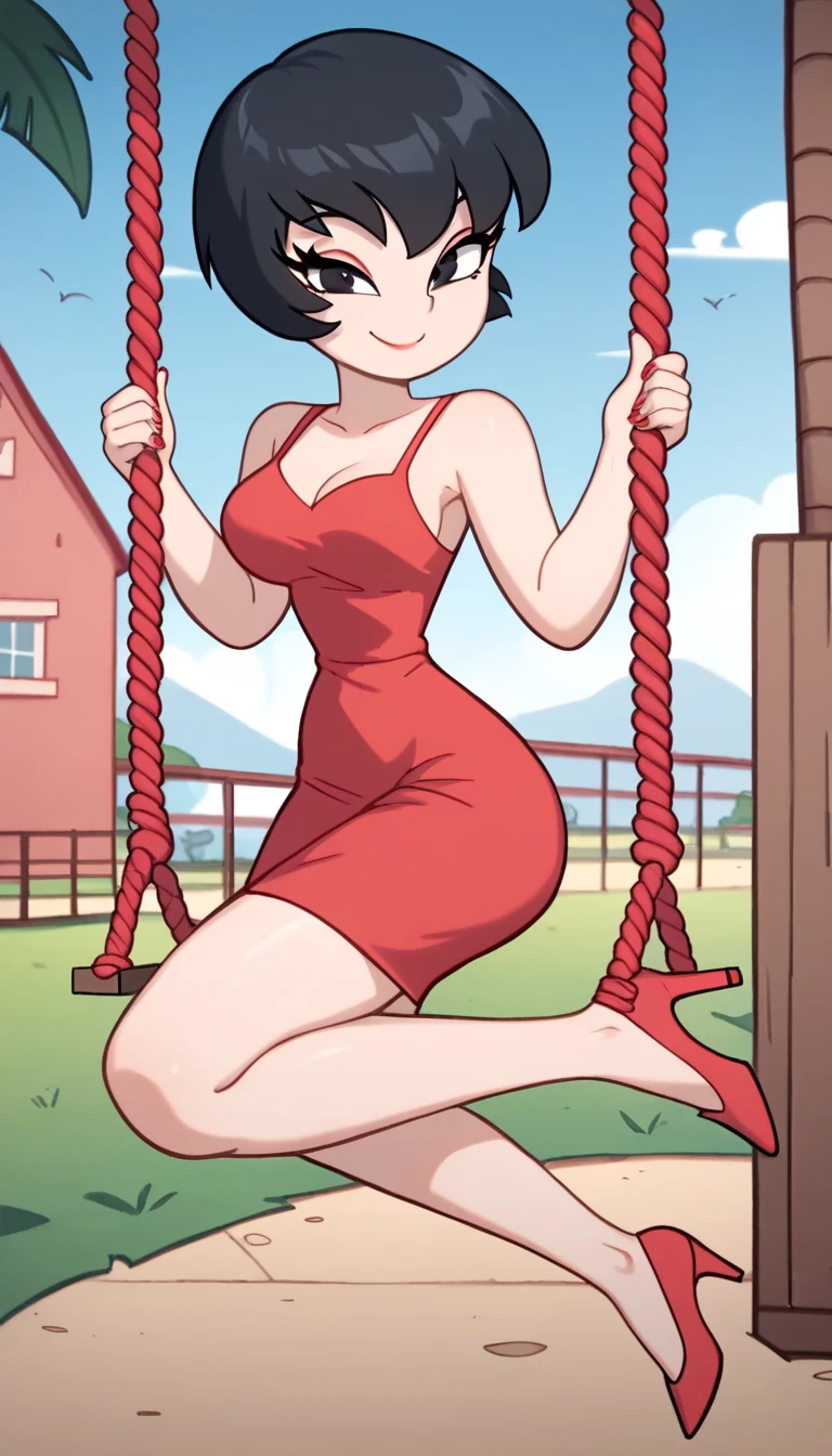 Jucika, digital media, black eyes, black hair, short hair, flat color, flat graphic style, white skin, zPDXL, best quality, amazing quality, score 9, 1girl, looking at viewers, bare shoulders, red dress, taut dress, spaghetti strap red dress, sleeveless, medium breast, being outside and holding on a rope line swing, outside, backyard background ,seductive smile, red high heels, full body,