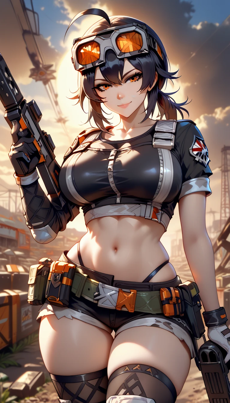 ultra-detailed, 1girl, grace, Zenless Zone Zero, (best quality), ((masterpiece)), (highres), 16K, orange eyes, perfect face, short hair, black hair, low ponytail, ahoge, goggles on head, wearing black crop top, wearing bootyshorts, thong, black thighhighs, knee pads, holster, asymmetrical gloves, belt, busty body, large breasts and a beautiful ass, showcasing cleavage, legs, hips, (holding assault rifle), looking at viewer, smile, detailed body, thigh details, construction site background