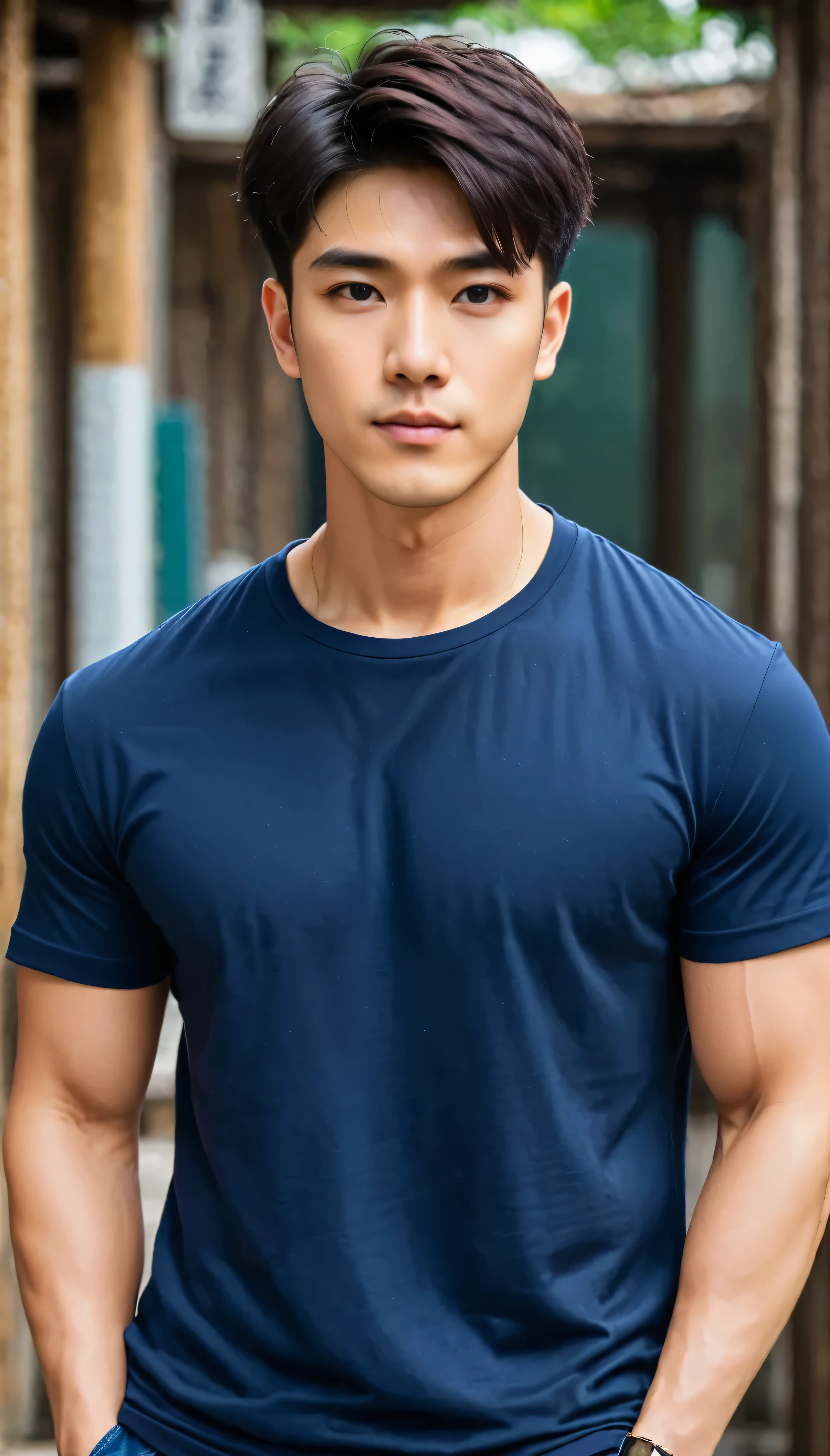   1boy, orimale ,Orimura ,  bright eyes  , Short Hairstyle , Handsome man ,Have muscles,blood vessel,Broad shoulders, Wear a navy short-sleeved, round-neck T-shirt without a logo and jeans. 