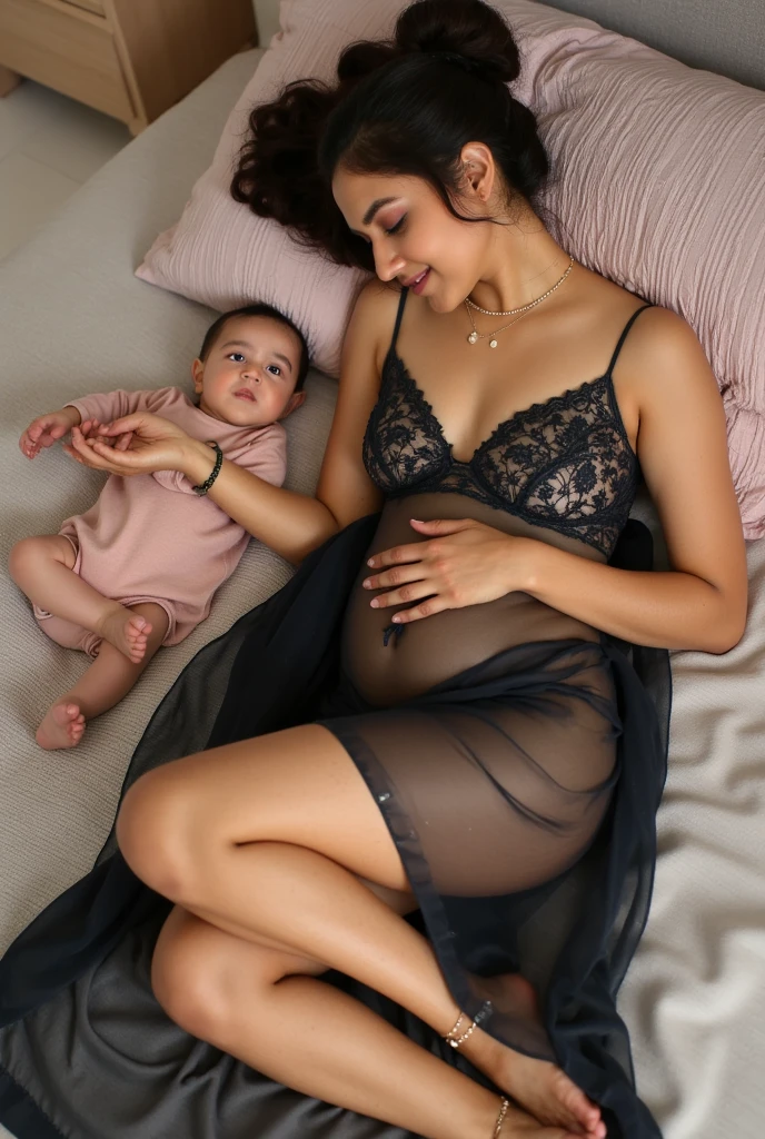 A Tamil woman, with large breasts and a slightly plump, dark skin, wearing a black, transparent nightie with small gold anklets on her legs, lies on a bed breastfeeding a small baby. Her elderly husband sleeps next to her in a turban.