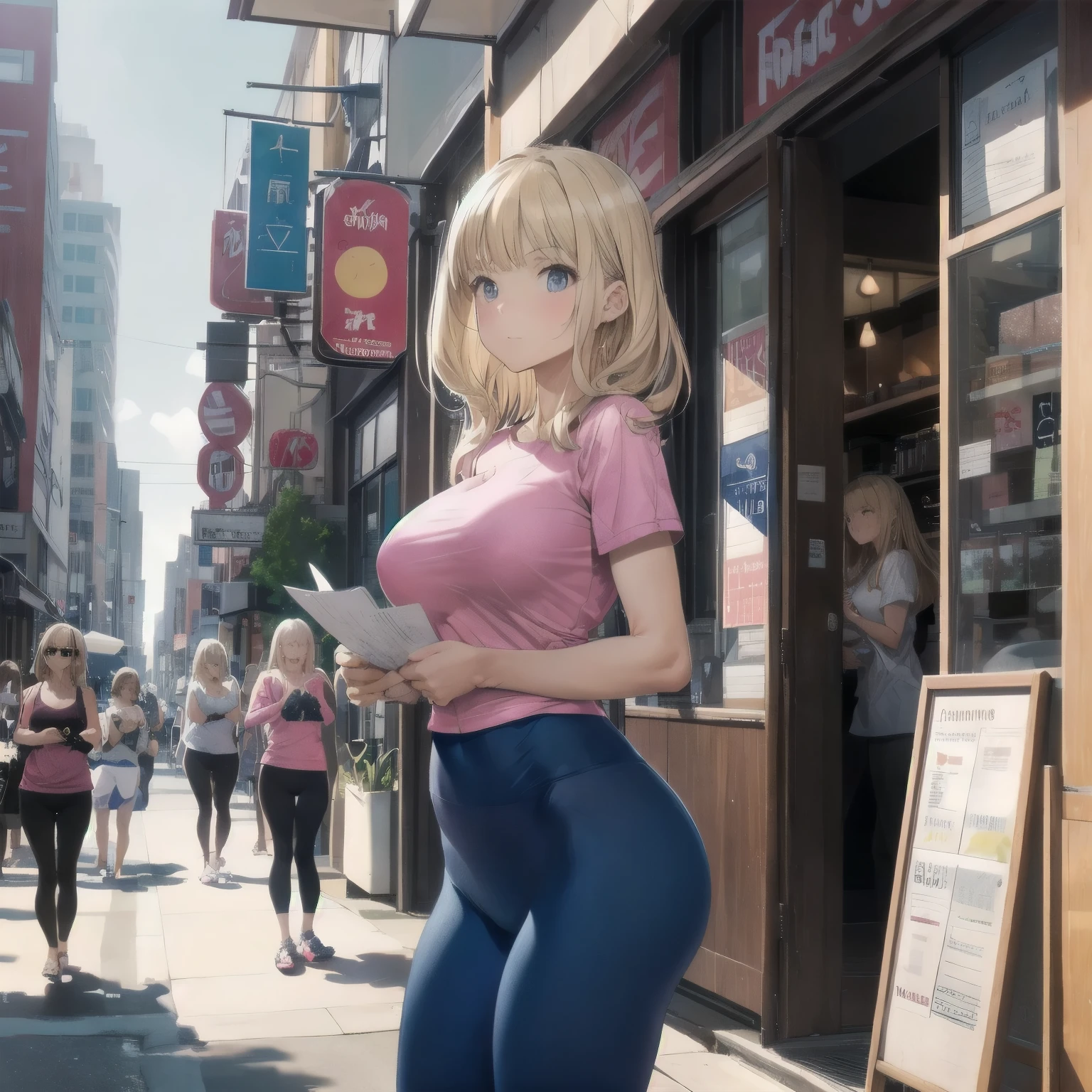 telephoto front shoot, there is a blondy woman in short bright pink t-shirt, royal blue plain yoga leggings, medium breasts, hands holding papers, she is stand up in store front waiting for clients, downtown street, sunny day, crowded street
