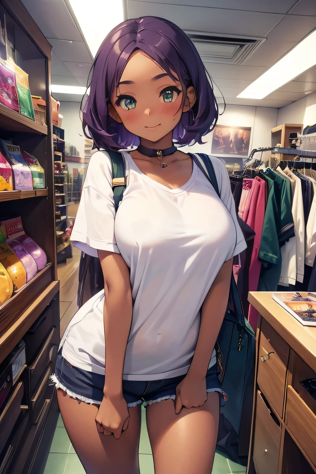 1 girl, single girl, cute, dark skin, tanned skin, short purple hair, green eyes, blushing, chubby, somewhat large breasts, kawaii aesthetic clothing, flirty clothing, in a clothing store,