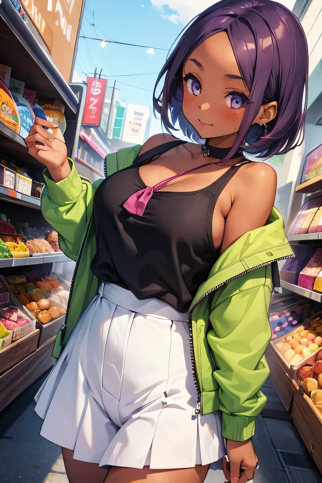 ((Master Piece)), Best Quality, Absurdities, Ultra Detailed, Holographic, Cowboy Shot, Dynamic Pose, Golden Ratio, Super Cute Girl, Mature Girl, Extremely Cute, Super Cute Asian Girl with Super Cute Pink Eyes, Short Black Hair with multicolored locks in front super pretty, glowing skin, nice and sexy body, slim and delicate body, Perfect Body, wearing a super tight white printed crop top, no panties, being photographed in a Japanese convenience store